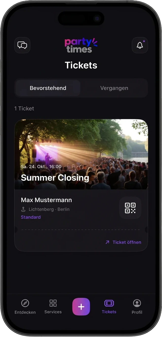 Party Times App: Tickets-Übersicht mit bevorstehendem Ticket
